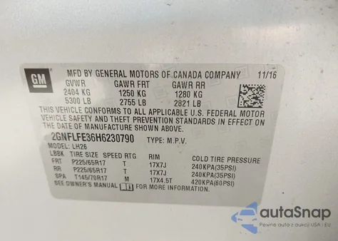 2017 Chevrolet Equinox Lt z USA, uszkodzony, nr VIN 2GNFLFE36H6230790